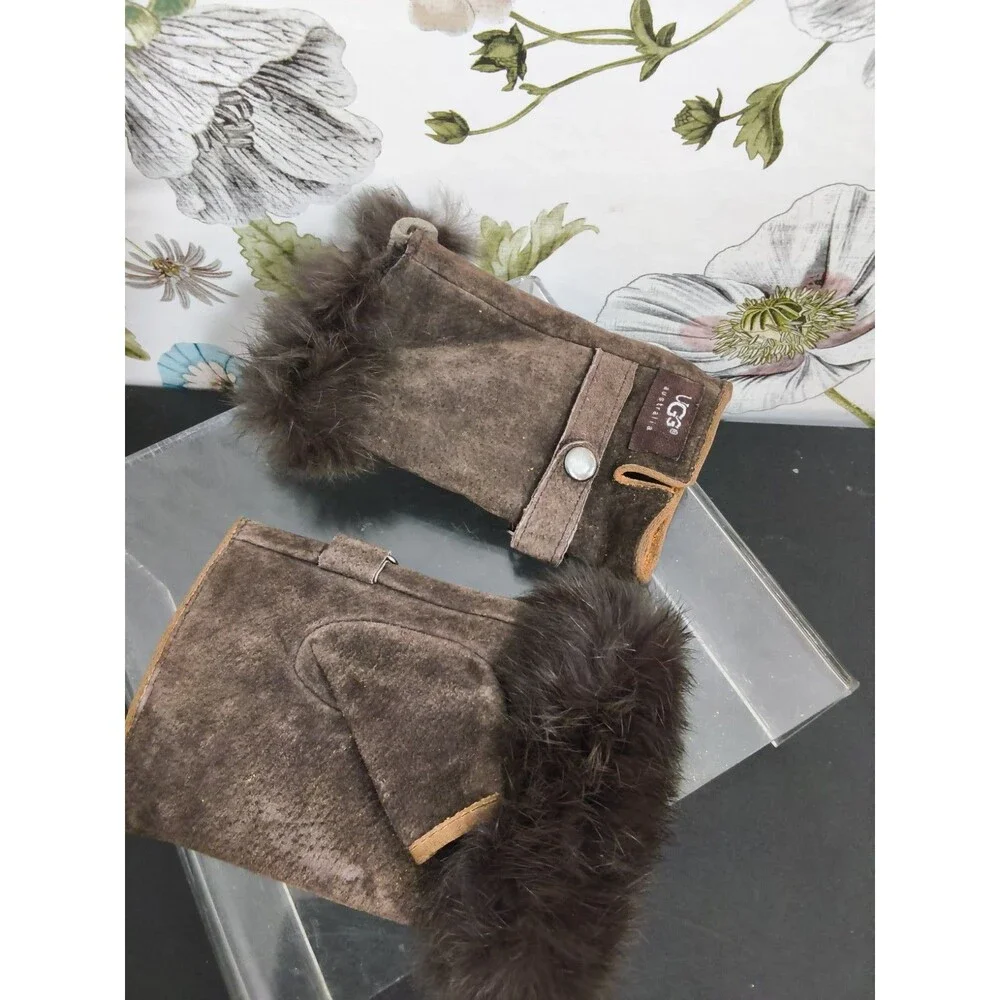 Ugg Brown Suede Fur tirmed Fingerless Driving  Gloves Size M